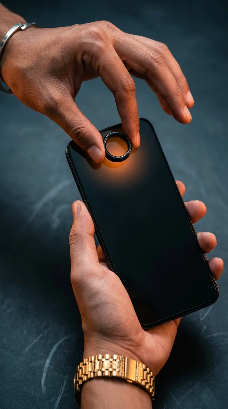 Concept render: a hand touches the Kontact Ring to the top of another person's phone, a soft orange glow at the contact point