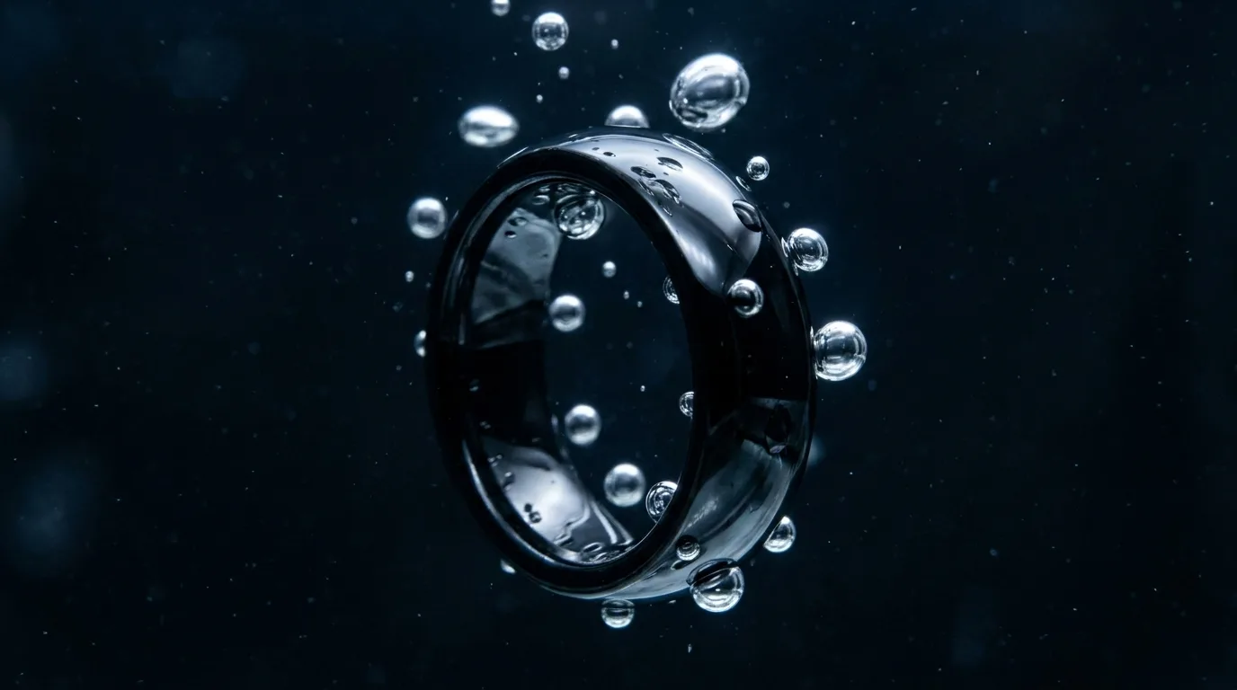 Concept render: the black ceramic Kontact Ring underwater among rising air bubbles