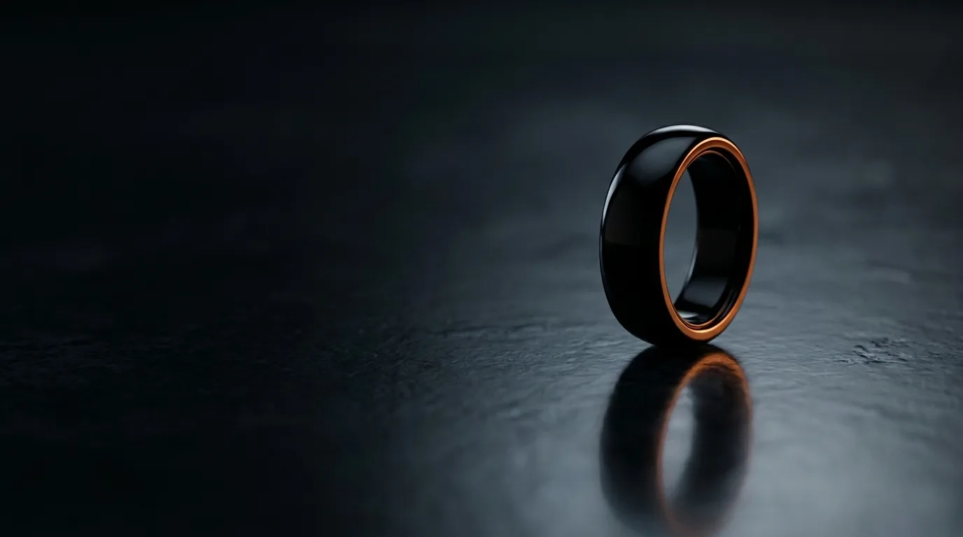 Concept render: the Kontact Ring, a glossy black ceramic ring with a warm orange glow along its inner edge, standing on dark slate